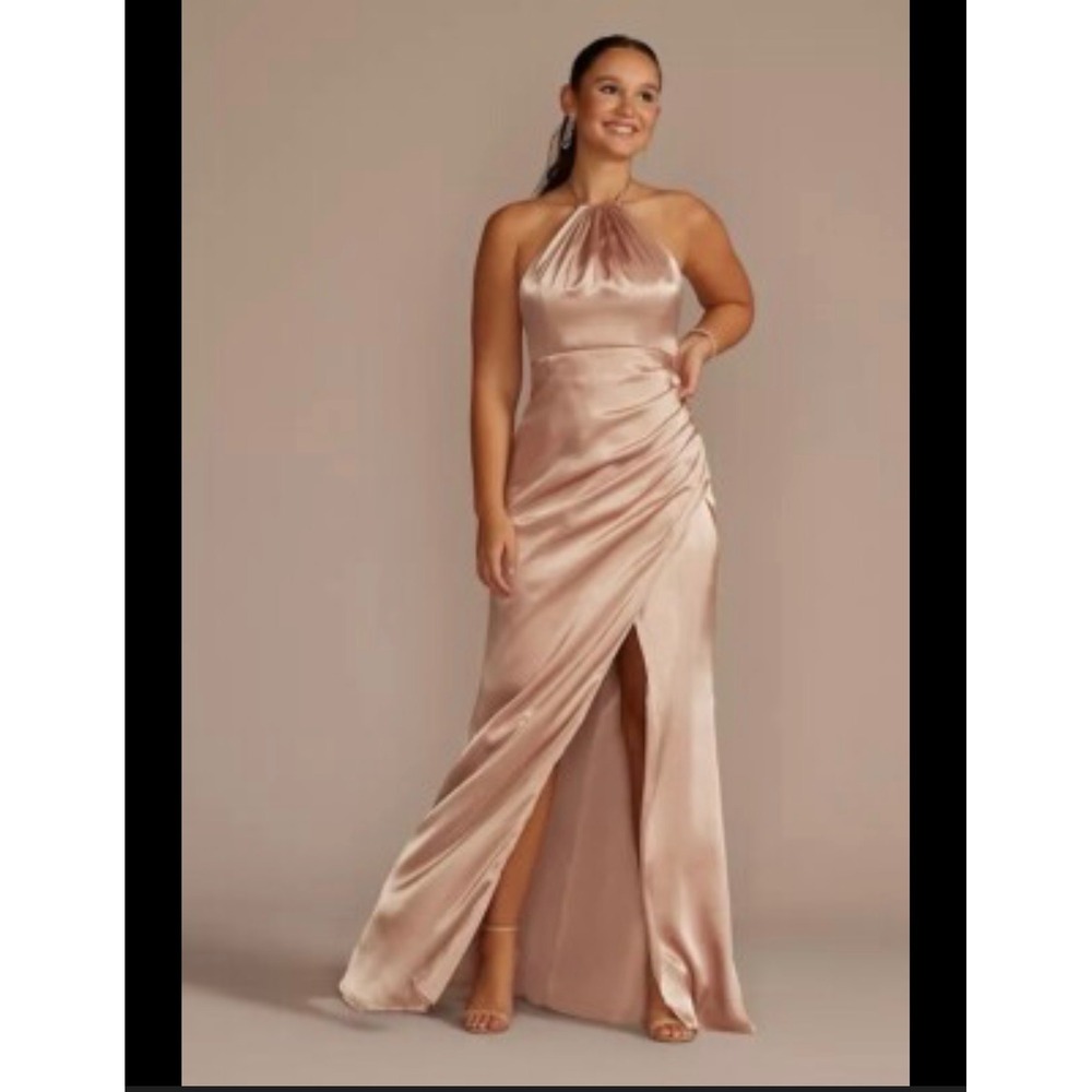 David's Bridal Galina Signature Tie-Neck Charmeuse Halter Dress Sand Size 16